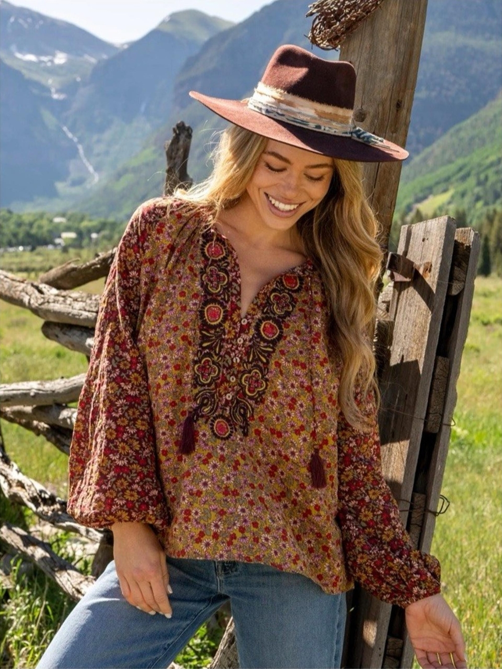 Natural Life Rowan Top L Plum Floral Boho Peasant Embroidered Tassel Blouse